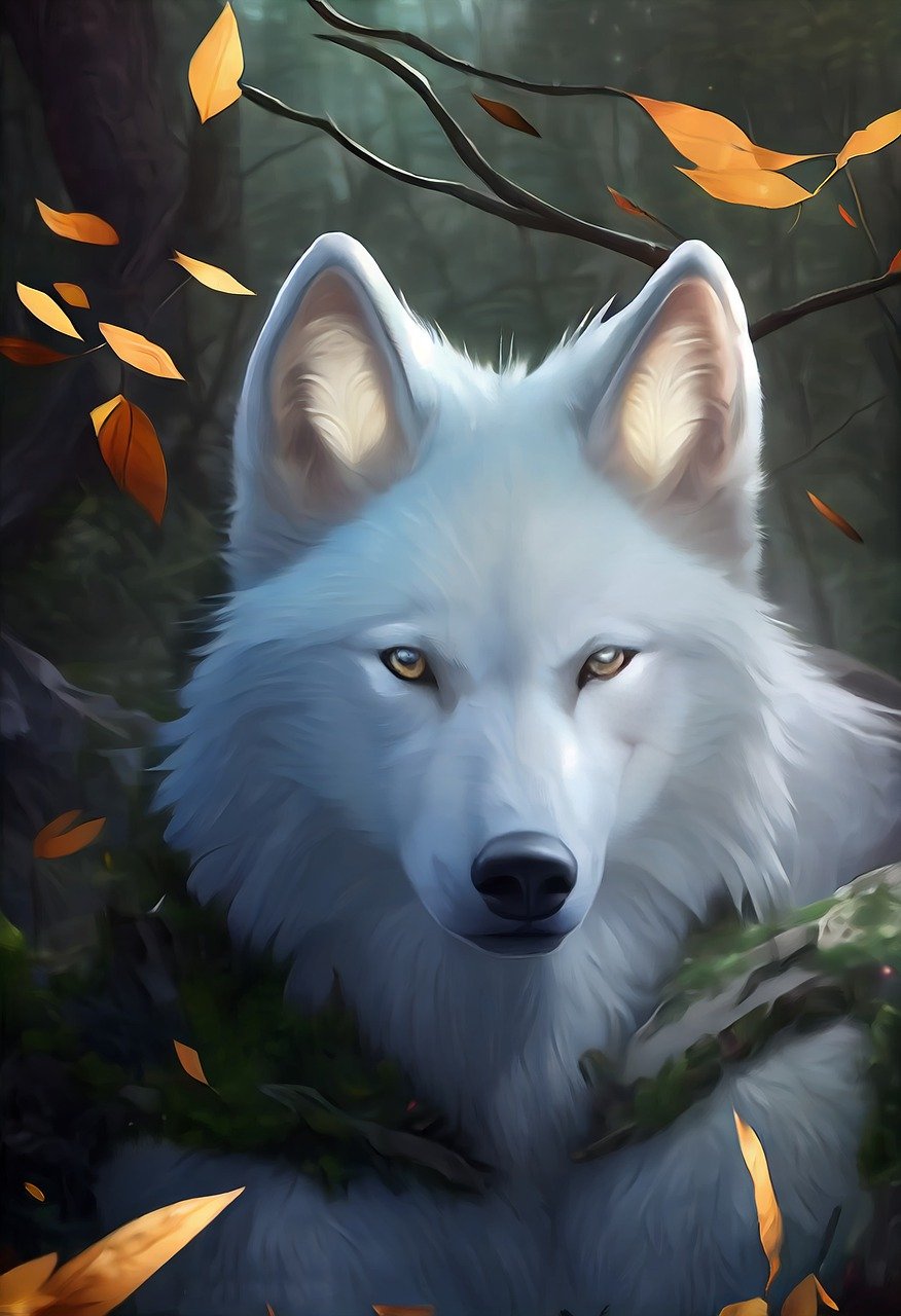 White wolf with tree leaves waving behind her